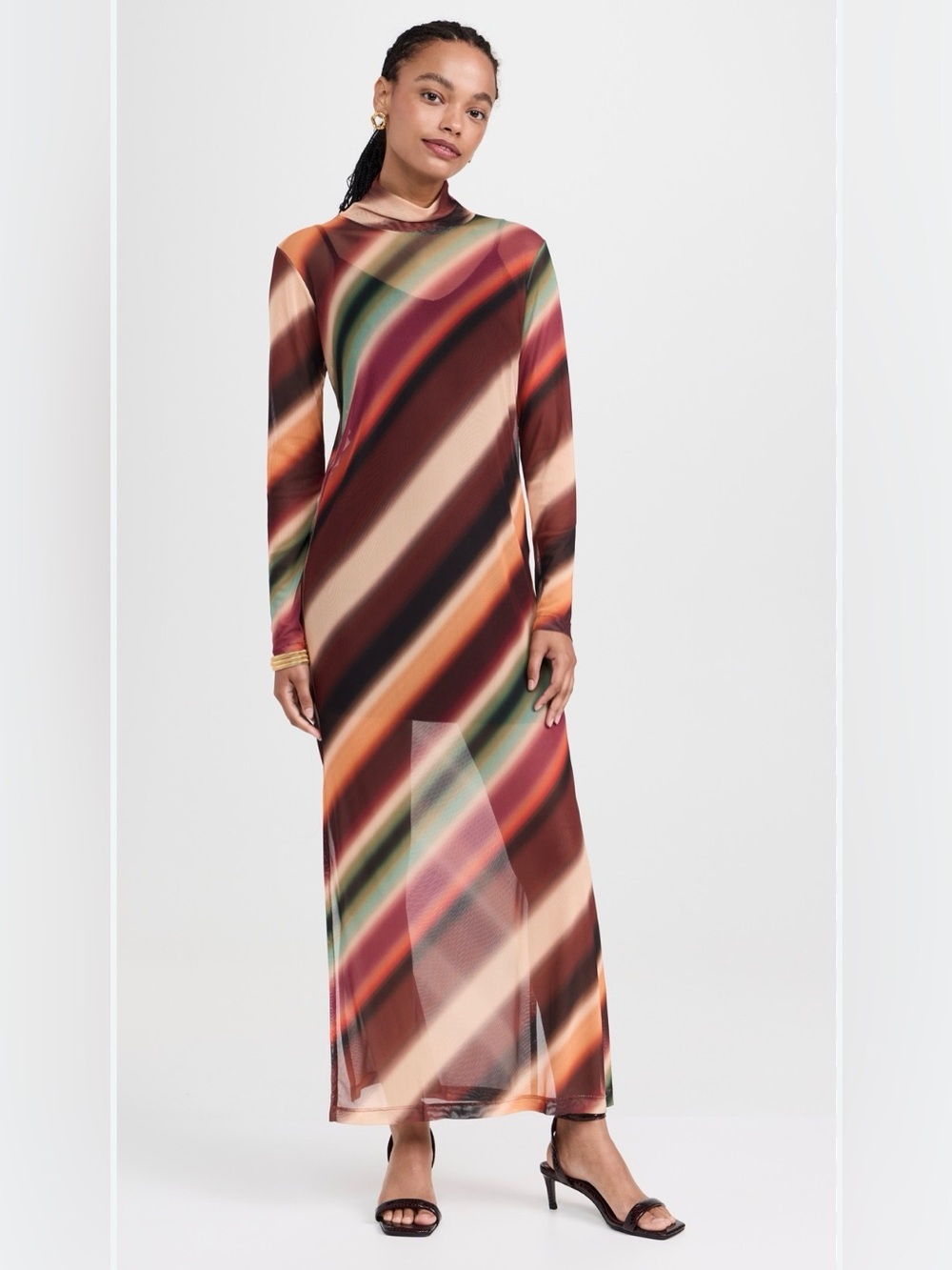 Dress To Lume Print Tulle Long Sleeve Diagonal Stripe Maxi Dress in Multi-Brown